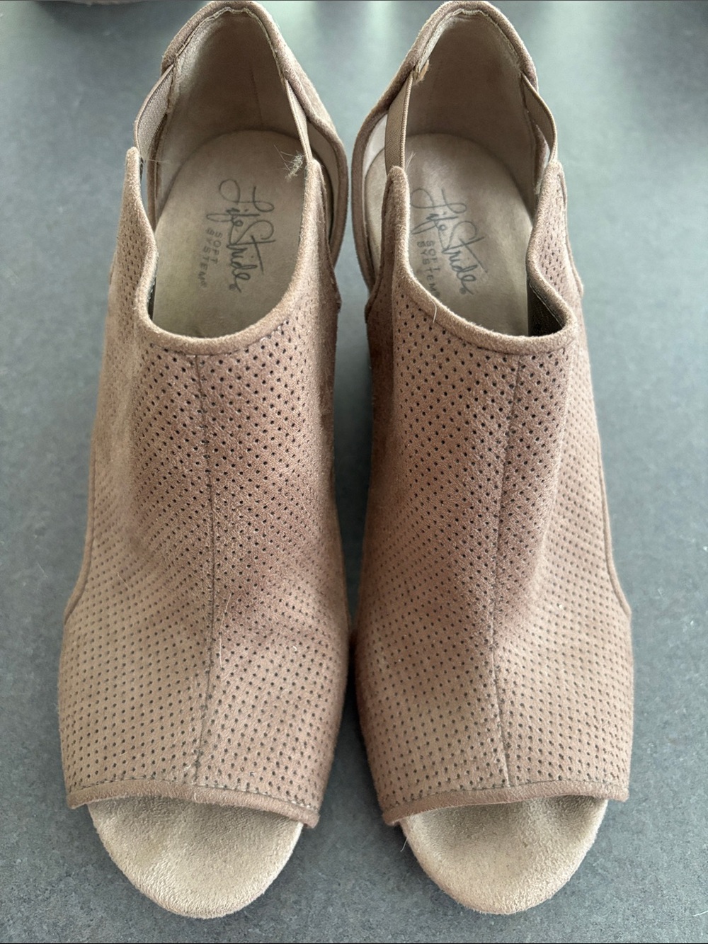 Life Stride Taupe Perforated Peep-Toe Wedges